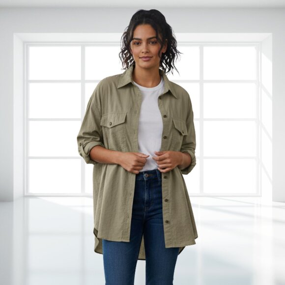 H&M Khaki Long Sleeve Button Down Oversized Collared Shirt With Pockets - Picture 1 of 9